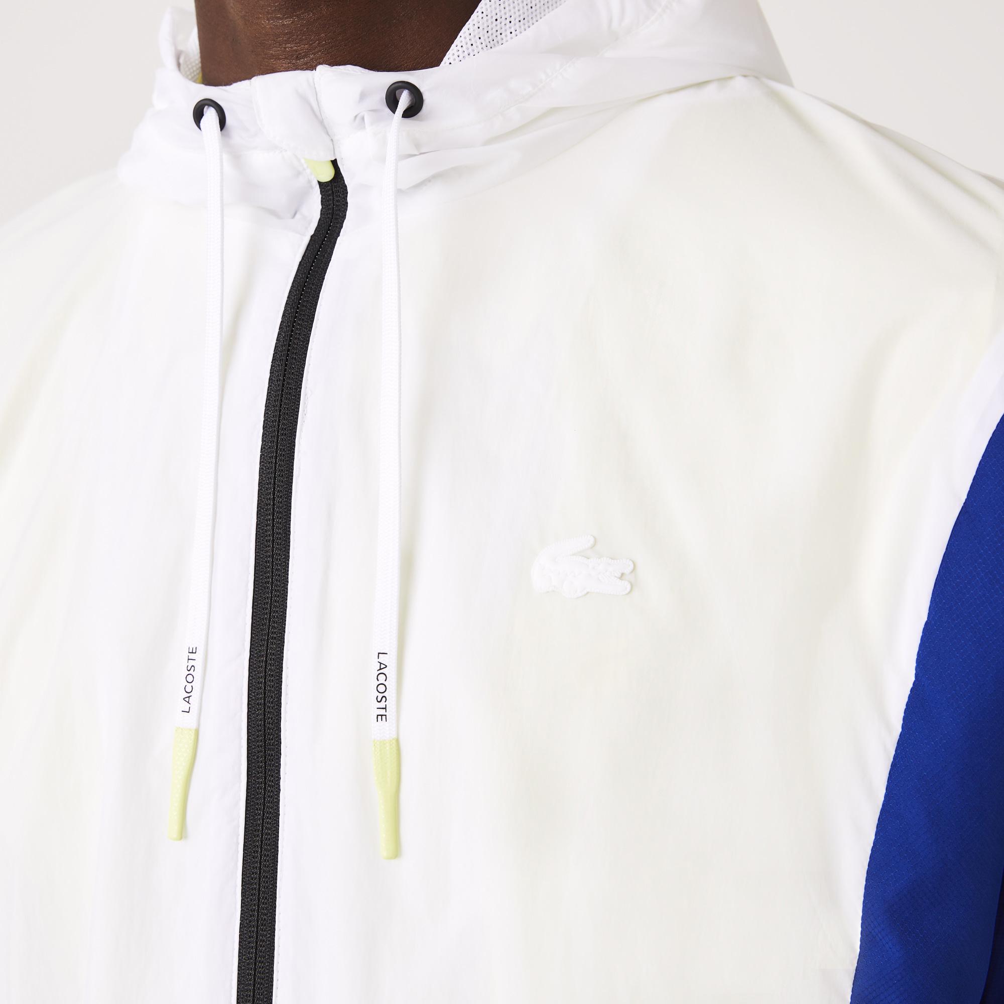 Lacoste SPORT Erkek Kapüşonlu Suya Dayanıklı Renk Bloklu Beyaz Ceket. 6