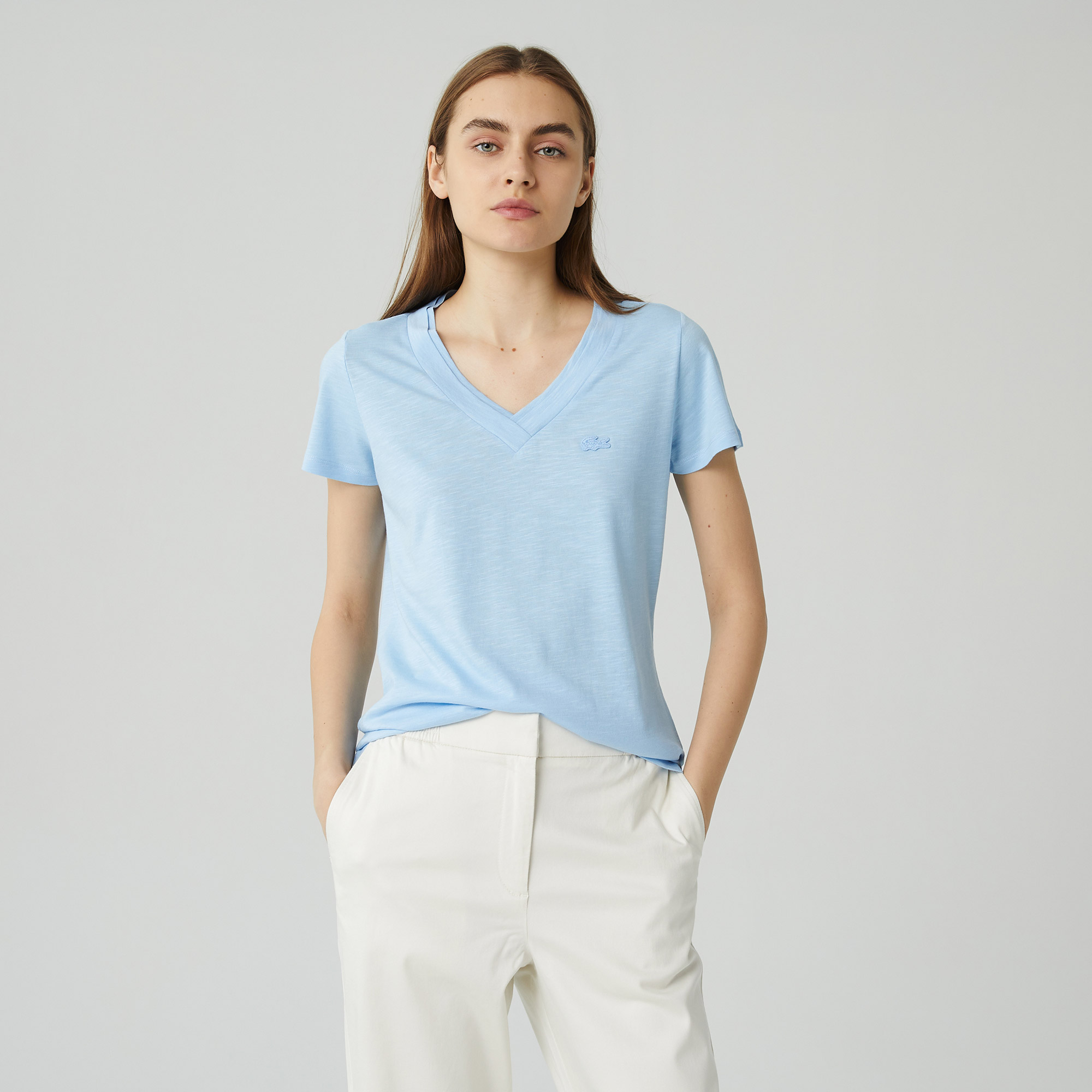Lacoste Kadın Slim Fit V Yaka Mavi T-Shirt