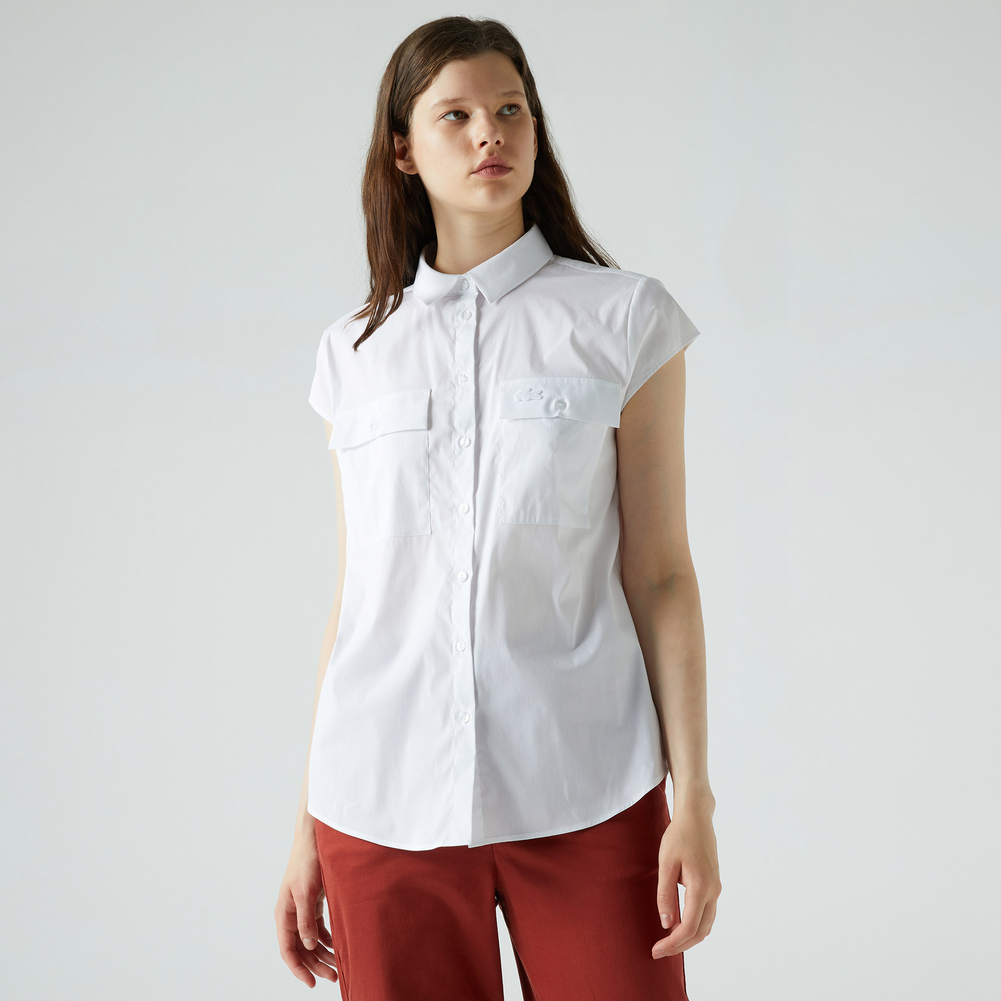 Lacoste Kadın Relaxed Fit Kısa Kollu Beyaz Gömlek. 1