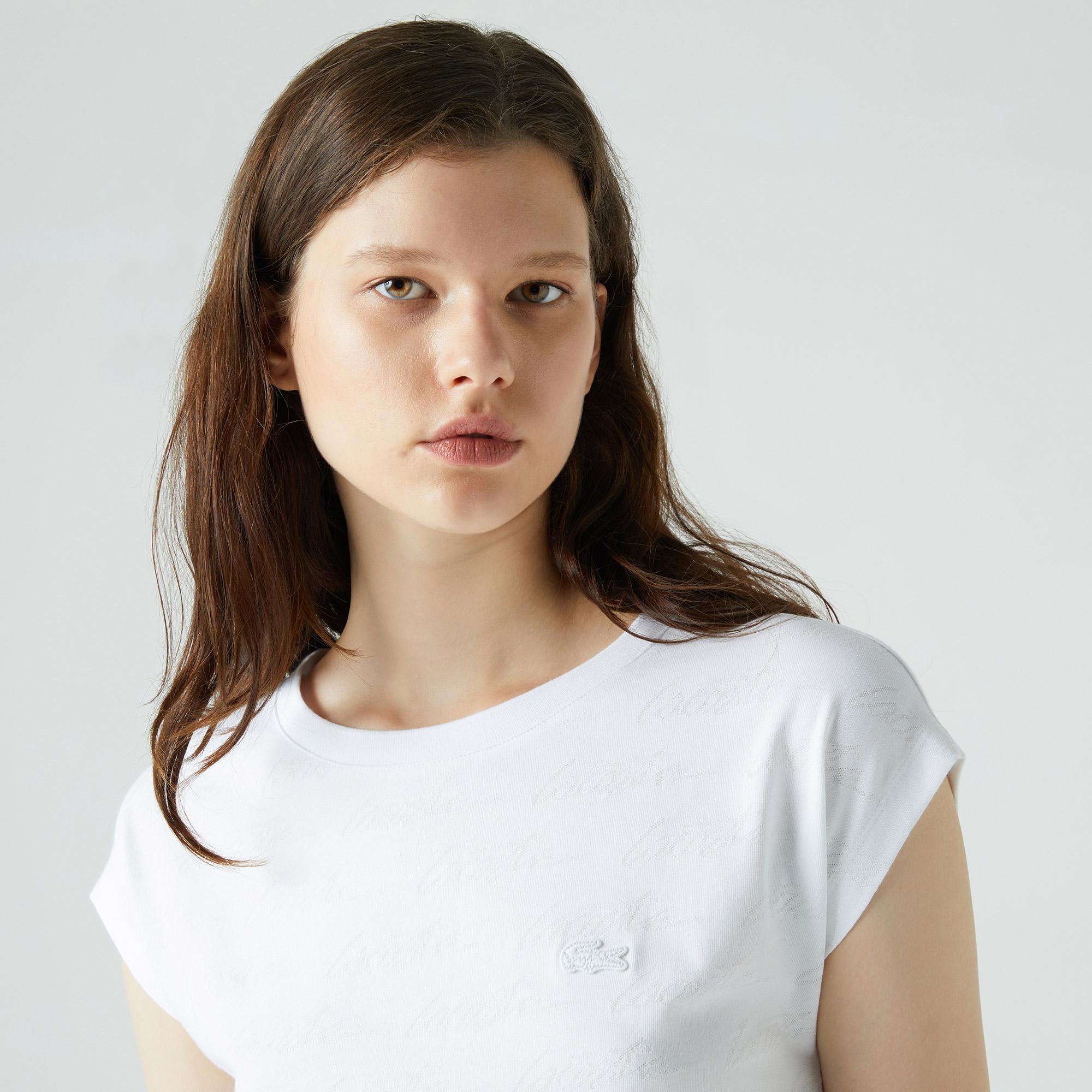 Lacoste Kadın Slim Fit Desenli Beyaz T-Shirt. 5