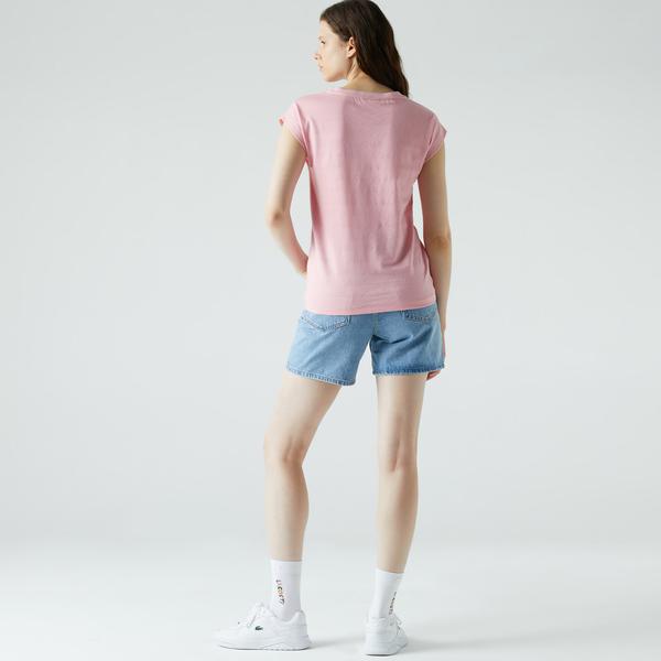 Lacoste Kadın Slim Fit Desenli Pembe T-Shirt