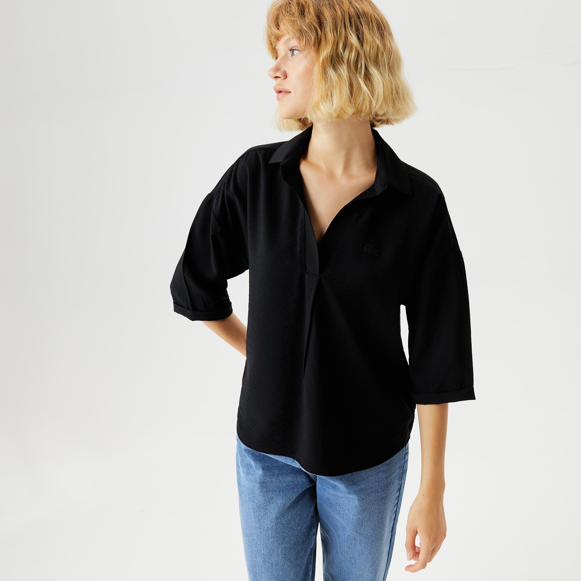 Lacoste Kadın Relaxed Fit Truvakar Kollu Gömlek Yaka Siyah Bluz. 4